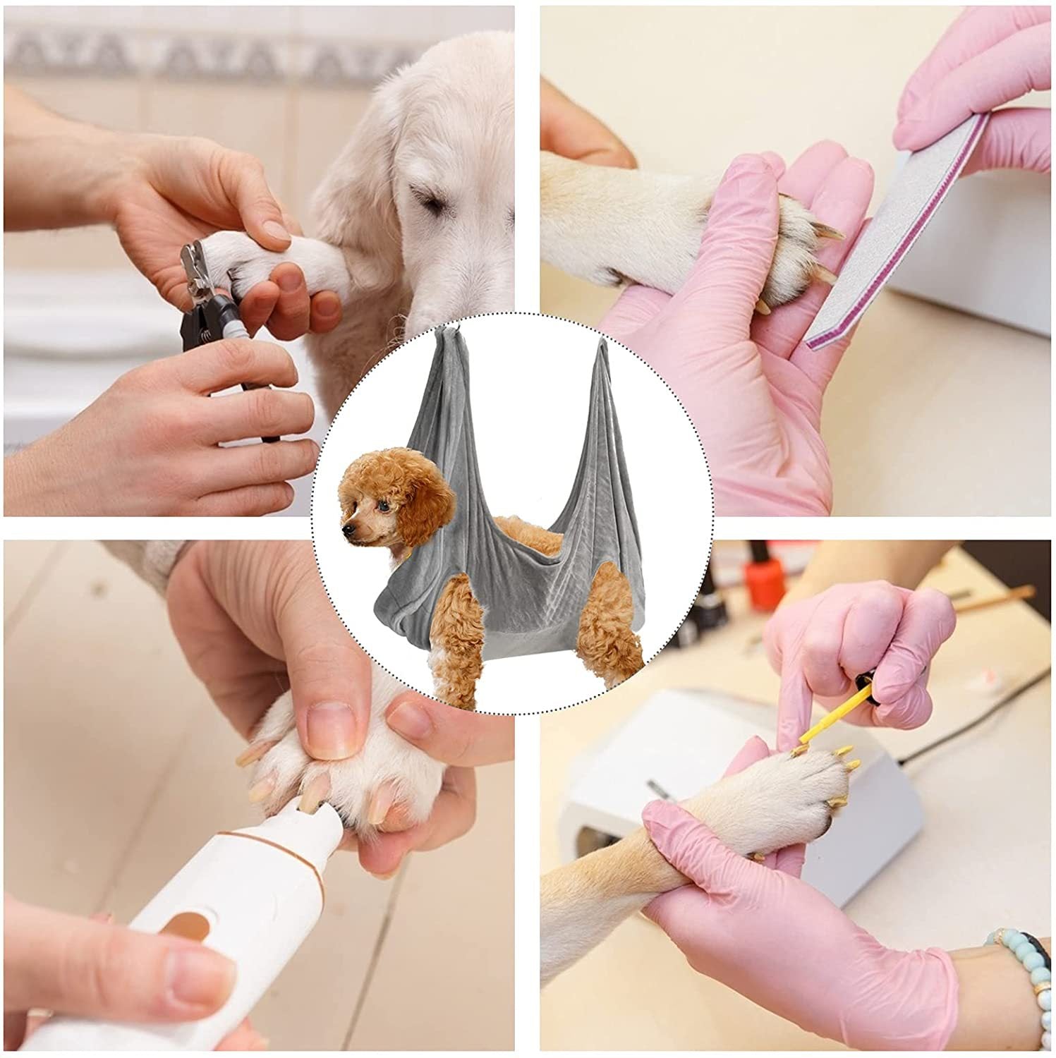 Pet grooming hammock for cats and small dogs in Blue, in a home setting