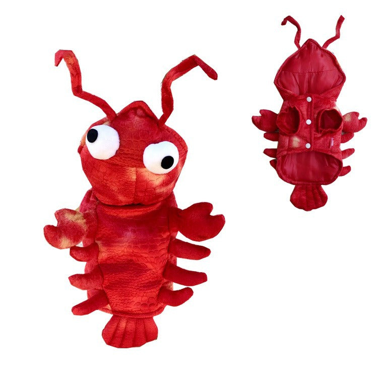 Cat dressed in a red tie dye lobster costume