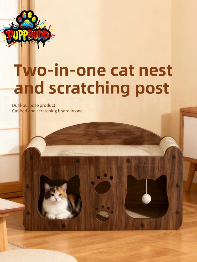 Two tier cardboard cat house with scratching board and play balls, view 1 of 14