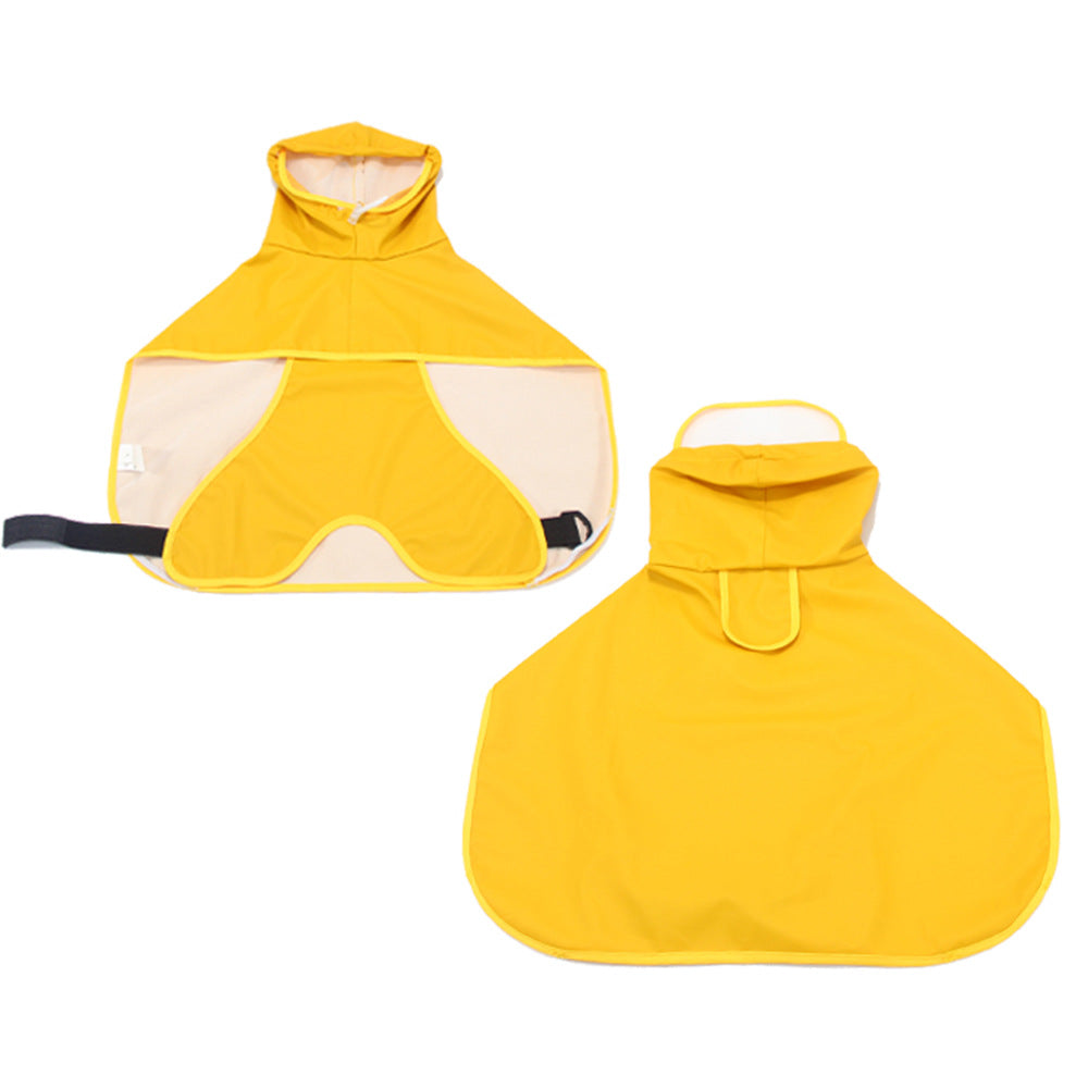 Waterproof PU dog raincoat cape with belly cover in Fluorescent Yellow Reflective, close-up detail