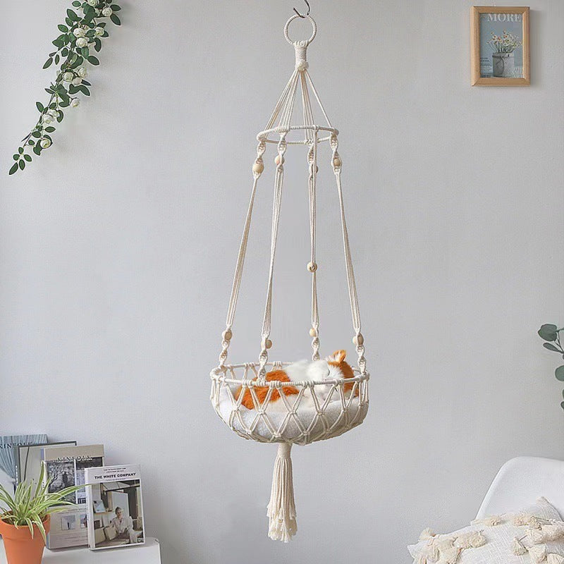 Handwoven bohemian hanging cat hammock in breathable cloth, product image 1
