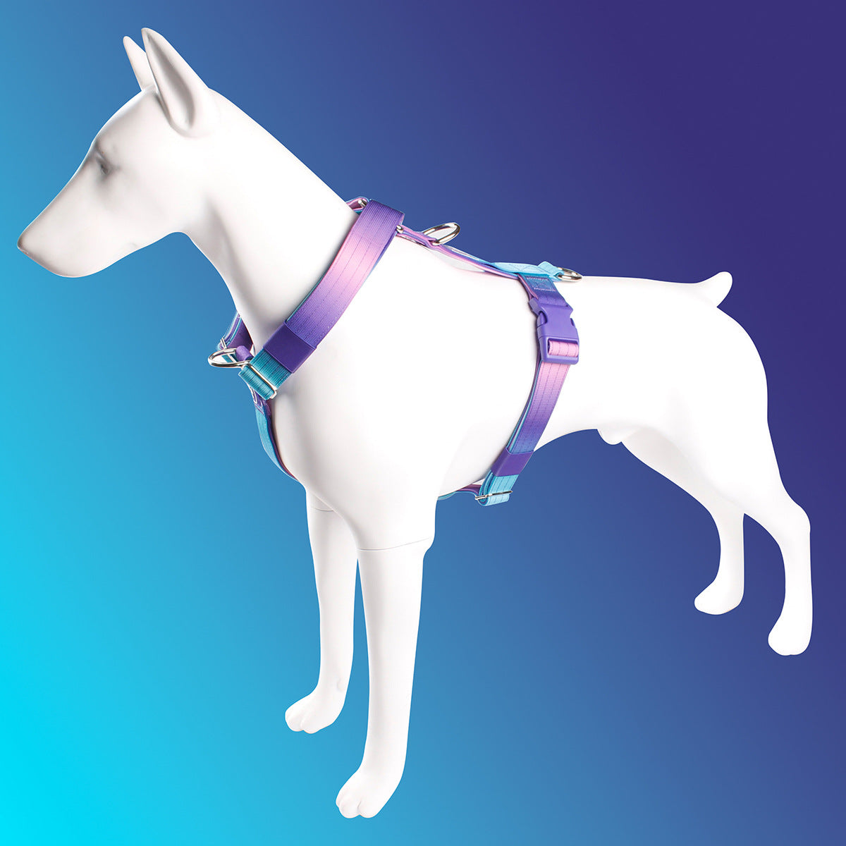 Gradient tactical dog harness vest with neoprene padding in purple and blue, view 3