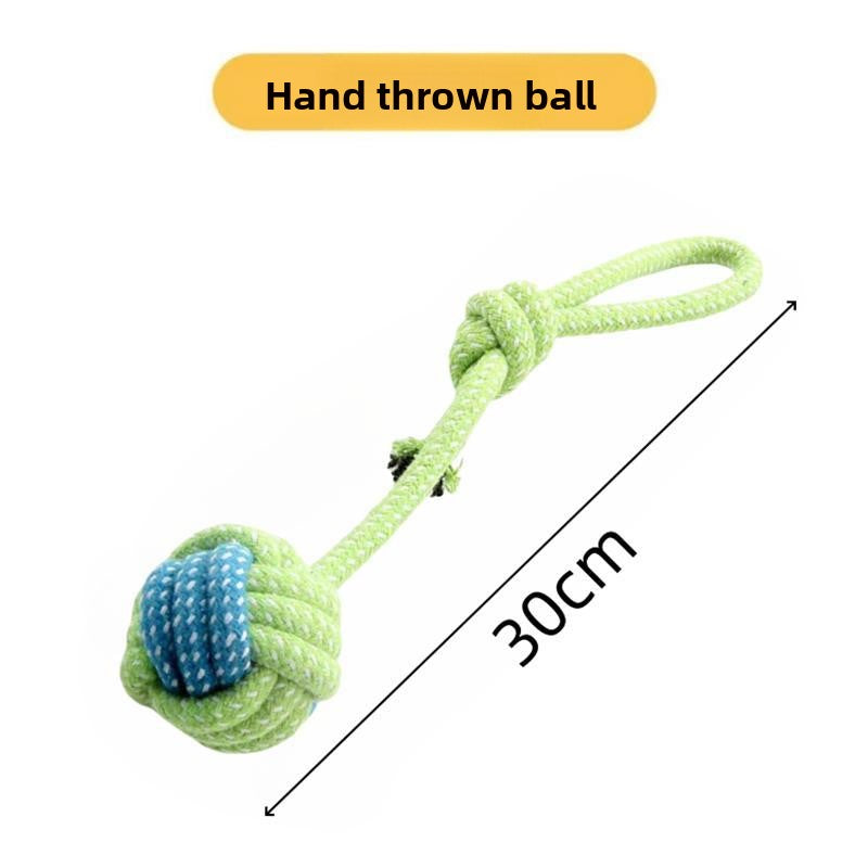Assorted knotted cotton rope dog toys in sixteen fun designs