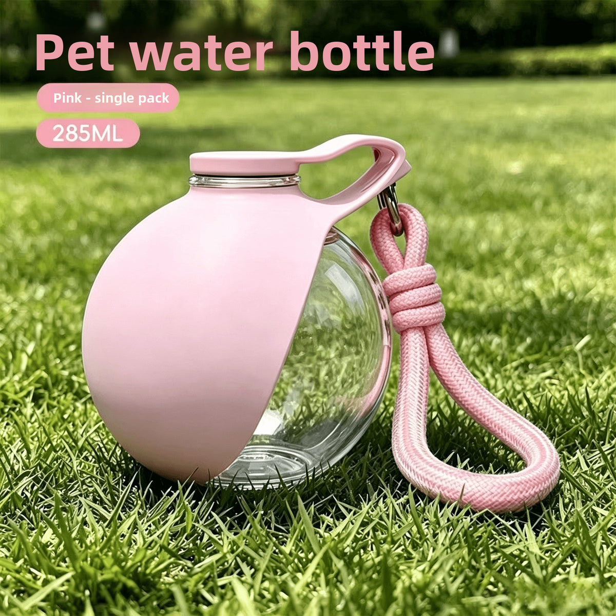 Foldable pet water bottle with ball outlet in Blue, in a home setting