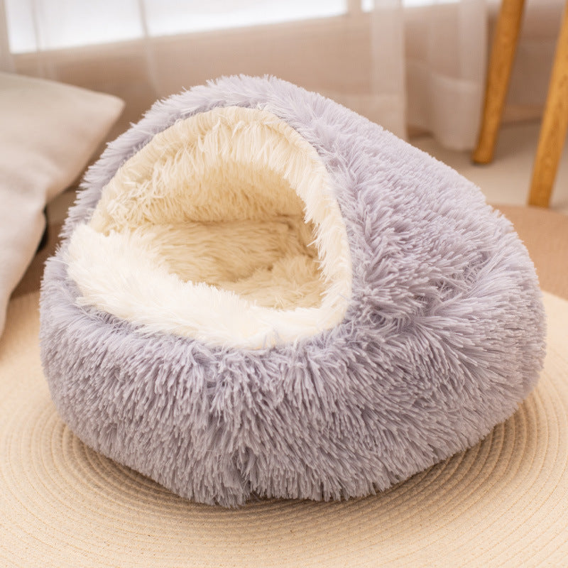 Round shell plush pet nest bed with semi-enclosed hood for cats, photo 9