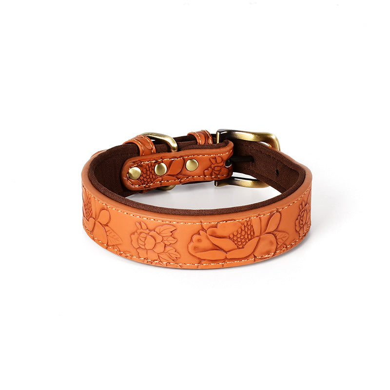 Embossed pattern leather look dog collar in brown
