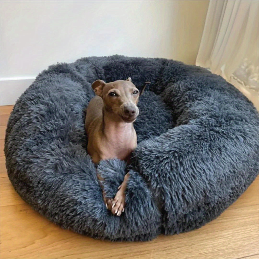 Brown round plush donut dog bed with raised rim, view 8