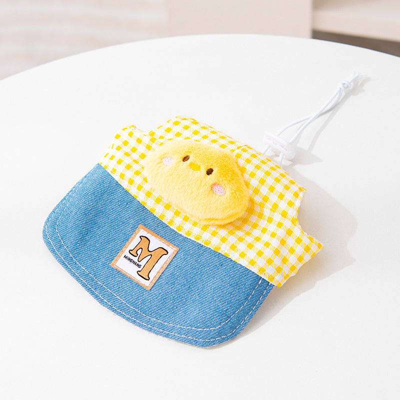 Denim and check pet harness and hat set, main product photo