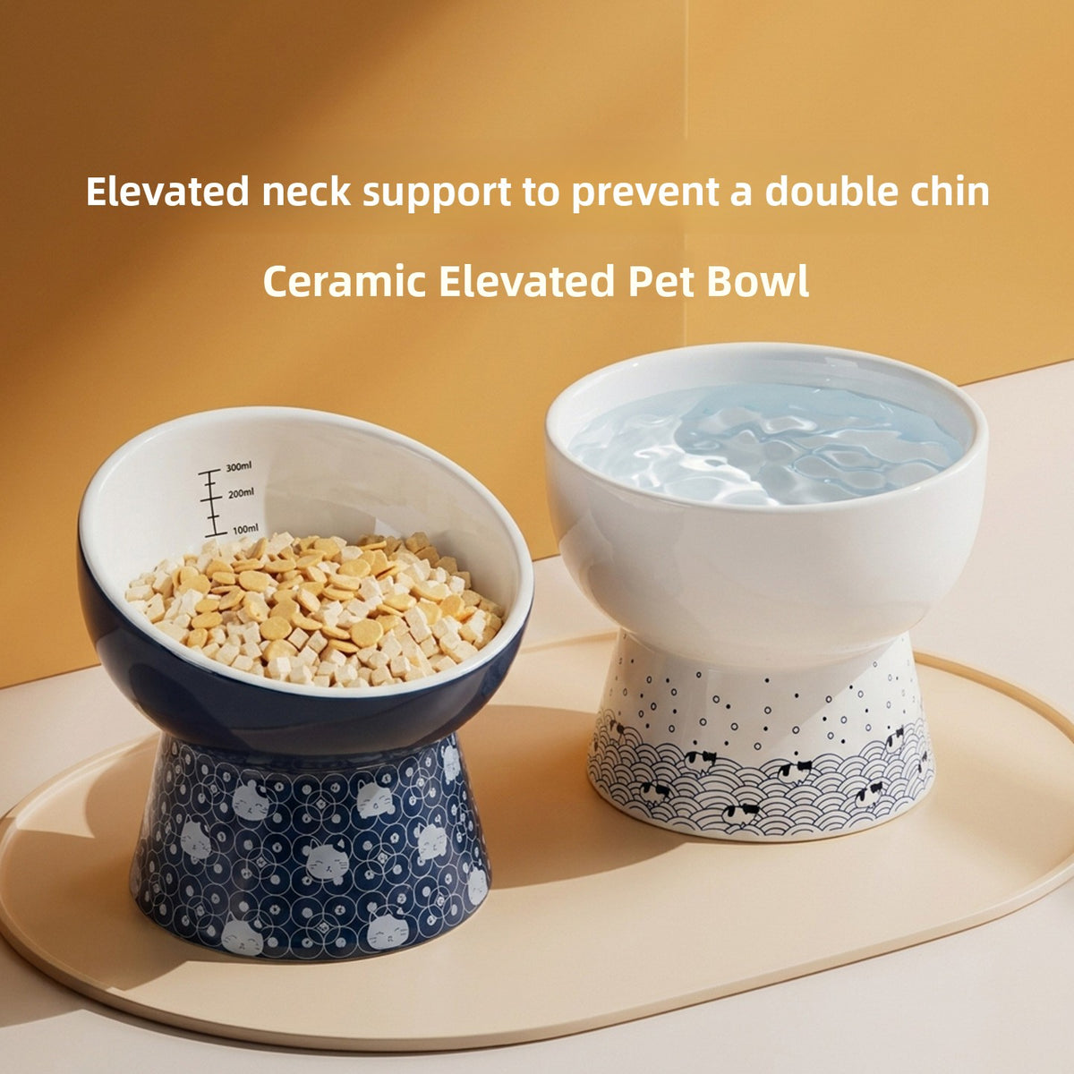 Ceramic Pet Bowl in Cat Head, Slanted or Flat Water Styles with Anti-Knock Stable Base