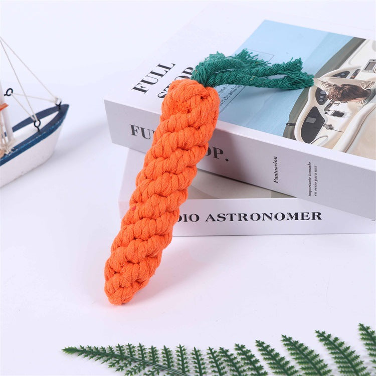 Knotted cotton rope carrot dog toy with colourful knots