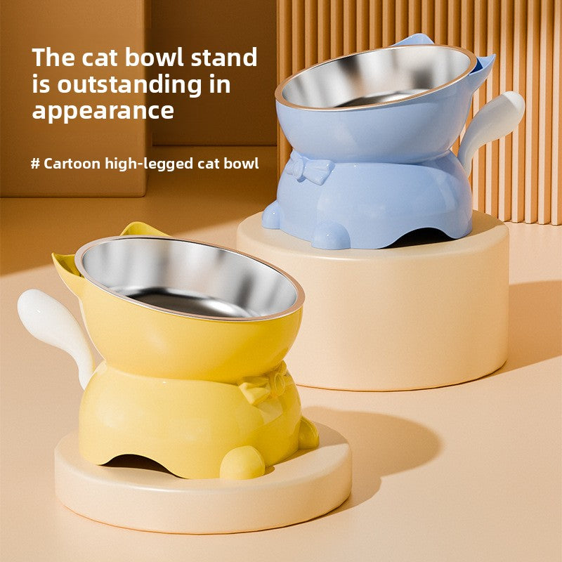 Slanted Cat Food Bowl with Anti-Spill Stand, Kitten Tail Design