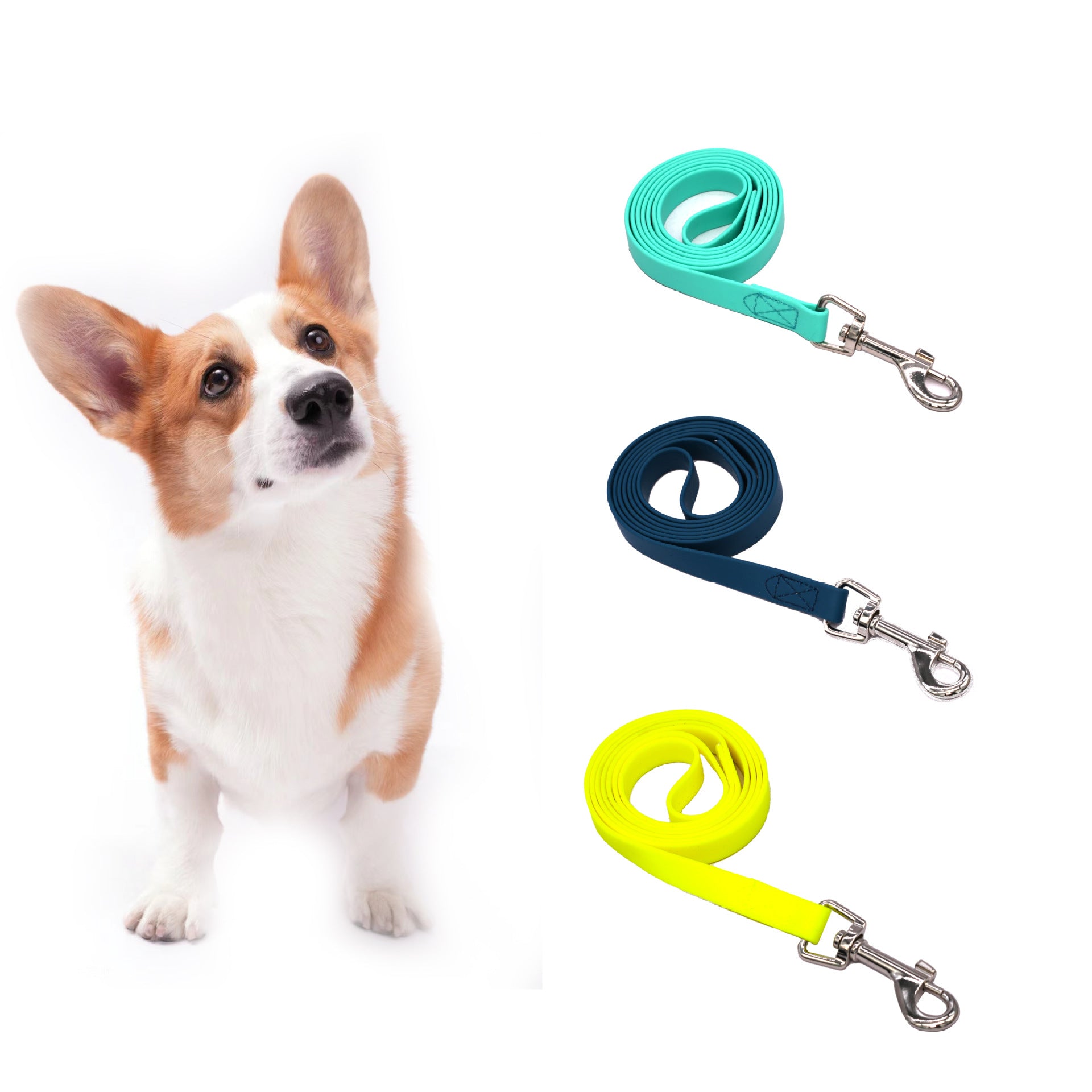 Wipe clean PVC dog leads in yellow, green and emerald