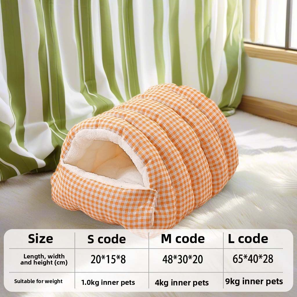 Enclosed warm cat nest with checked fabric and removable cushion, view 5 of 12