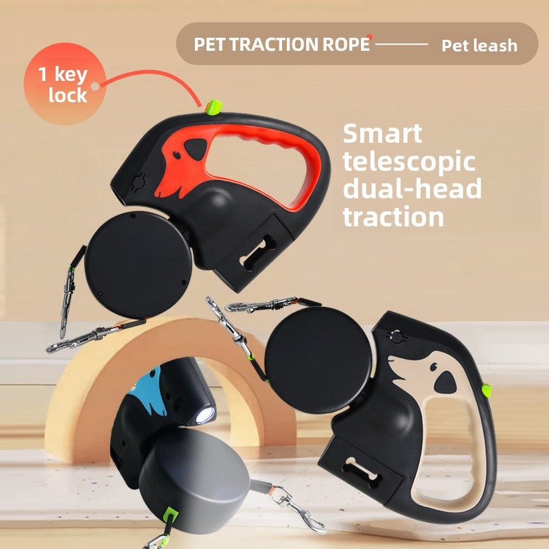 Dual retractable dog lead with LED light for two dogs, product image 1