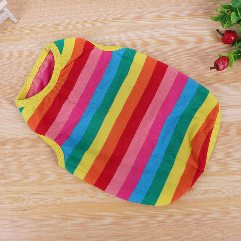 Rainbow striped cotton pet vest for small pets in Rainbow, in use with a pet