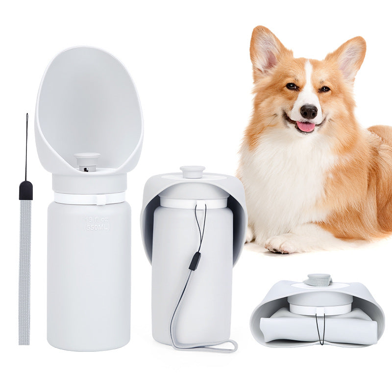 Foldable dog water bottle with silicone bowl in Light Grey, showing size and shape