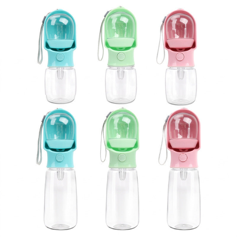 Portable pet drinking and feeding bottle in Blue 500ml, in a home setting