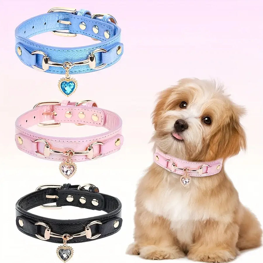 Rhinestone heart PU leather collar for cats and small dogs, product image 4