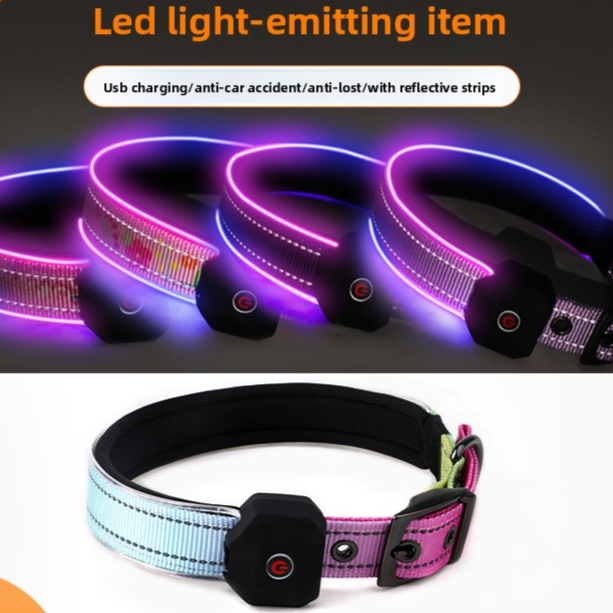Rechargeable LED dog collar with reflective strip glowing, product image 1