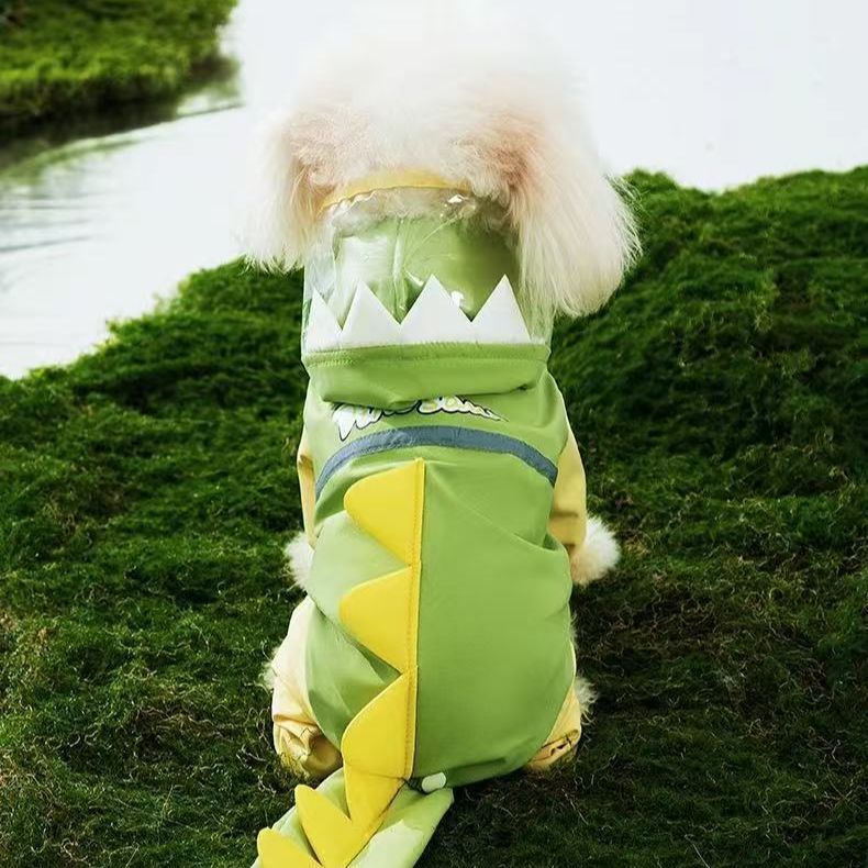 Blue waterproof dinosaur dog raincoat with four-leg full cover, product image 1
