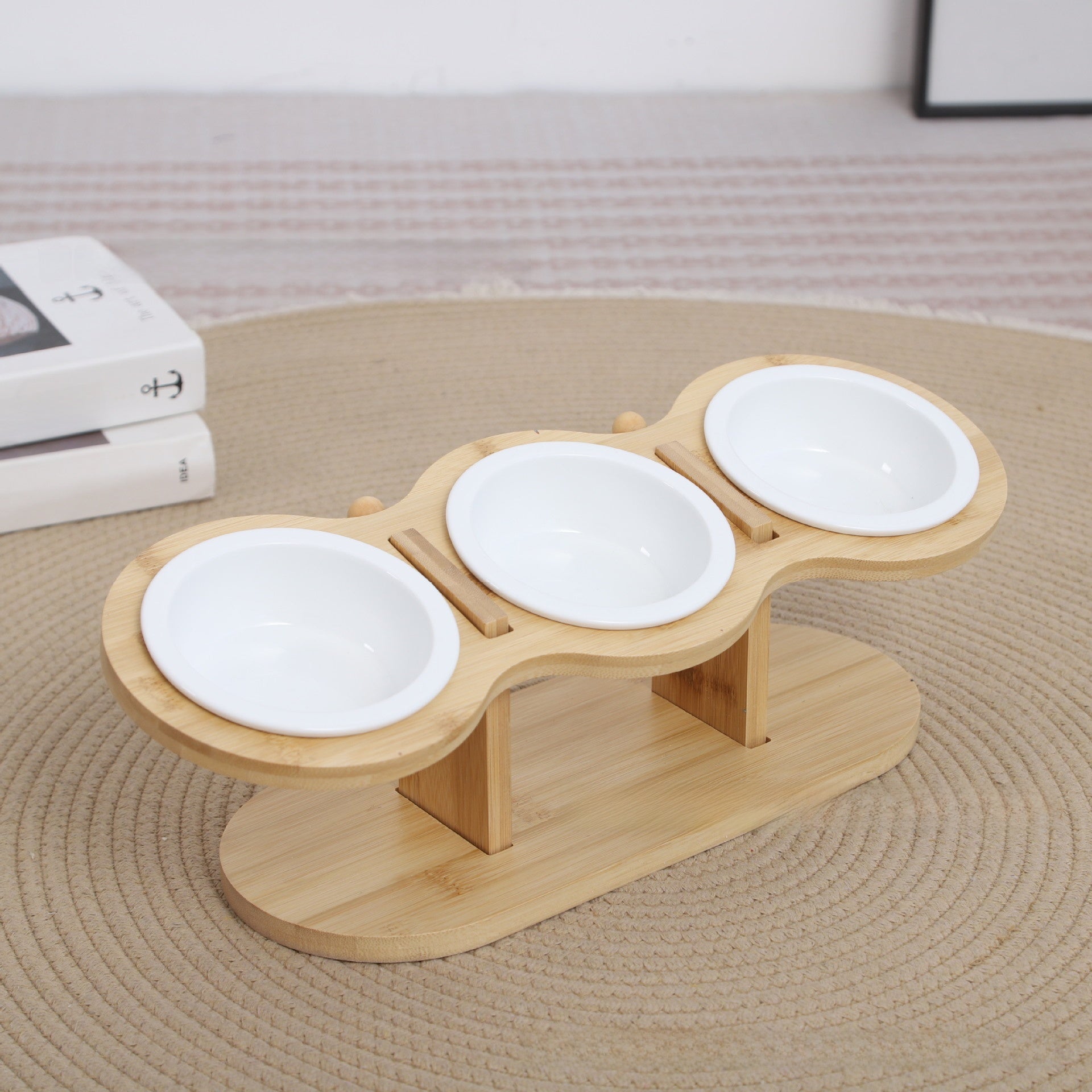 Raised wooden pet bowl stand in Natural Wood with Enamel Bowl