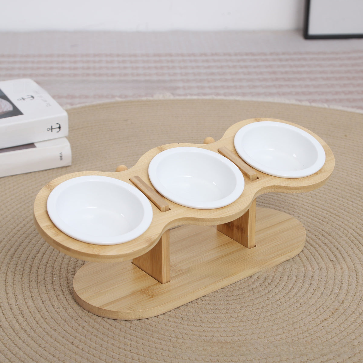 Raised wooden pet bowl stand in Natural Wood with Enamel Bowl