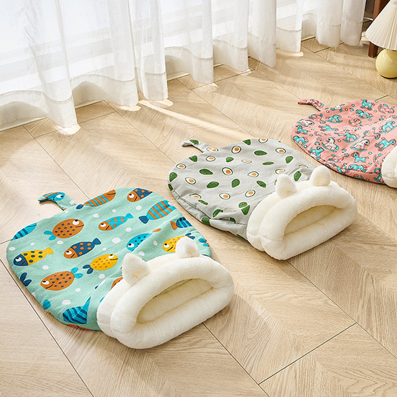 Semi-enclosed cat sleeping bag bed with fun animal print, product image 1