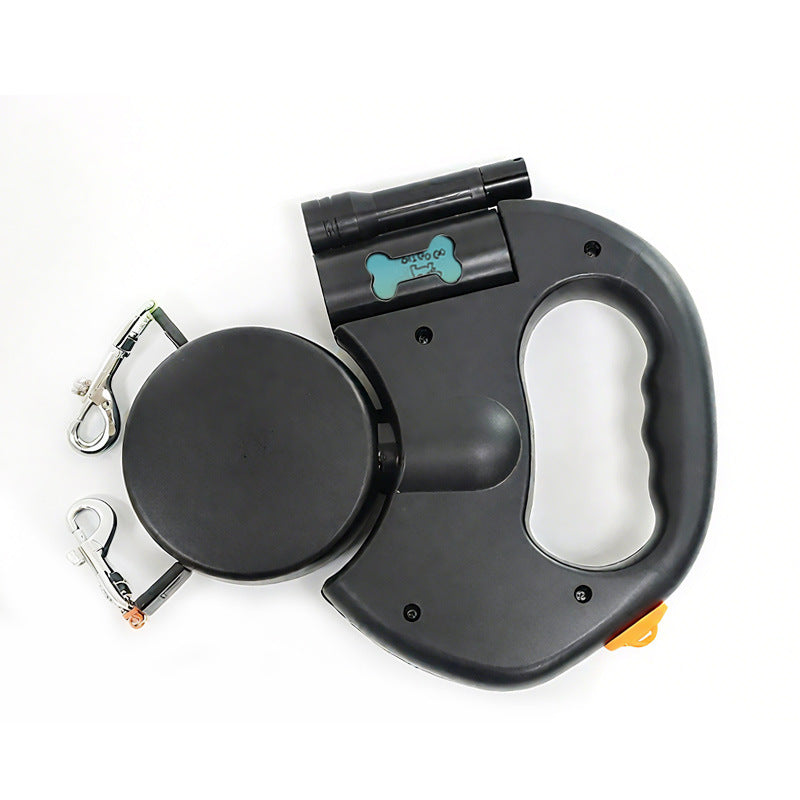 Retractable dog lead with built in poo bag dispenser and 5m tape