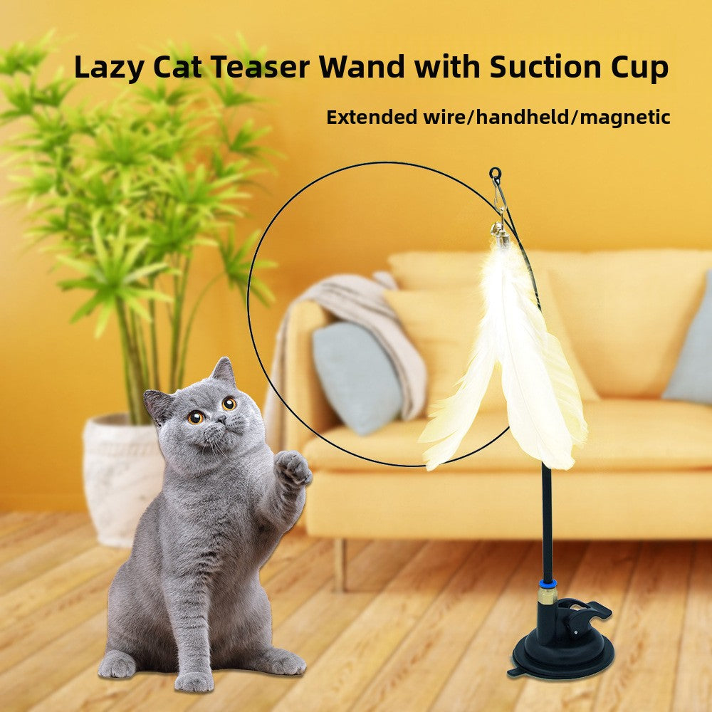 Cat teaser wand with strong suction cup base and pink orange feather - photo 1