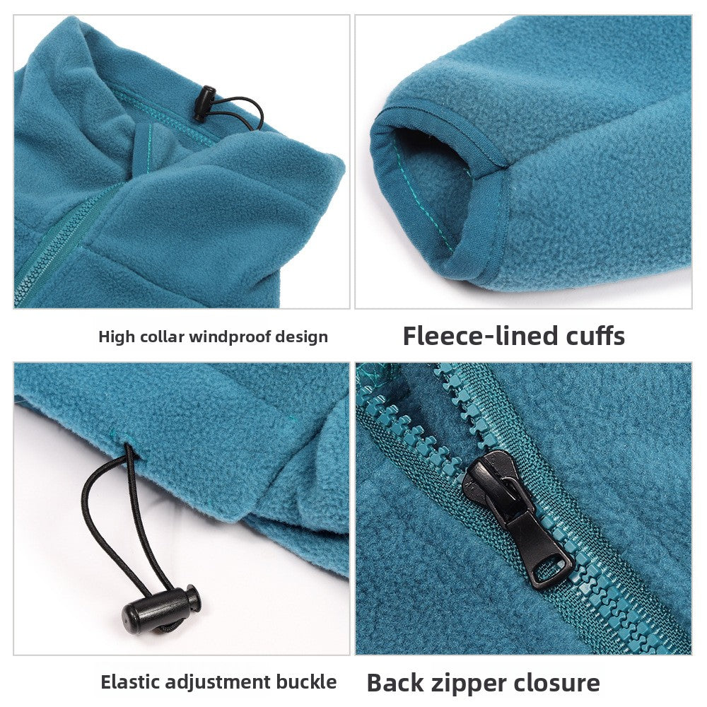 Adjustable high neck fleece coat for large dogs in Turquoise, front view