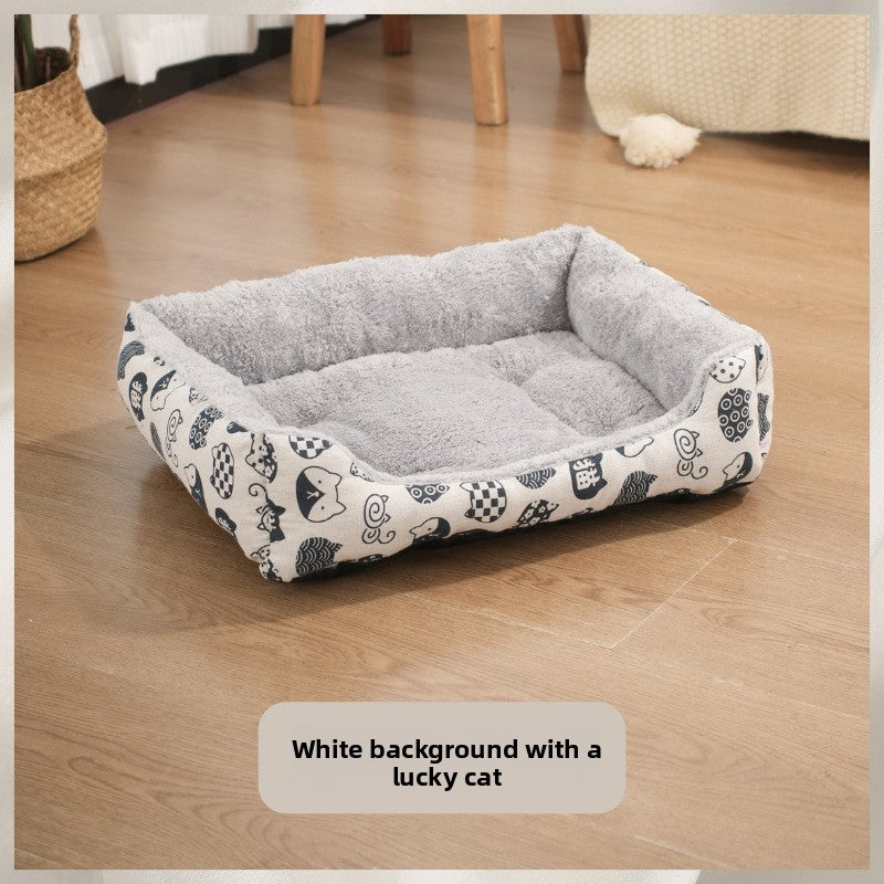 Waterproof cotton linen pet bed mat with blue lucky cat print for dogs