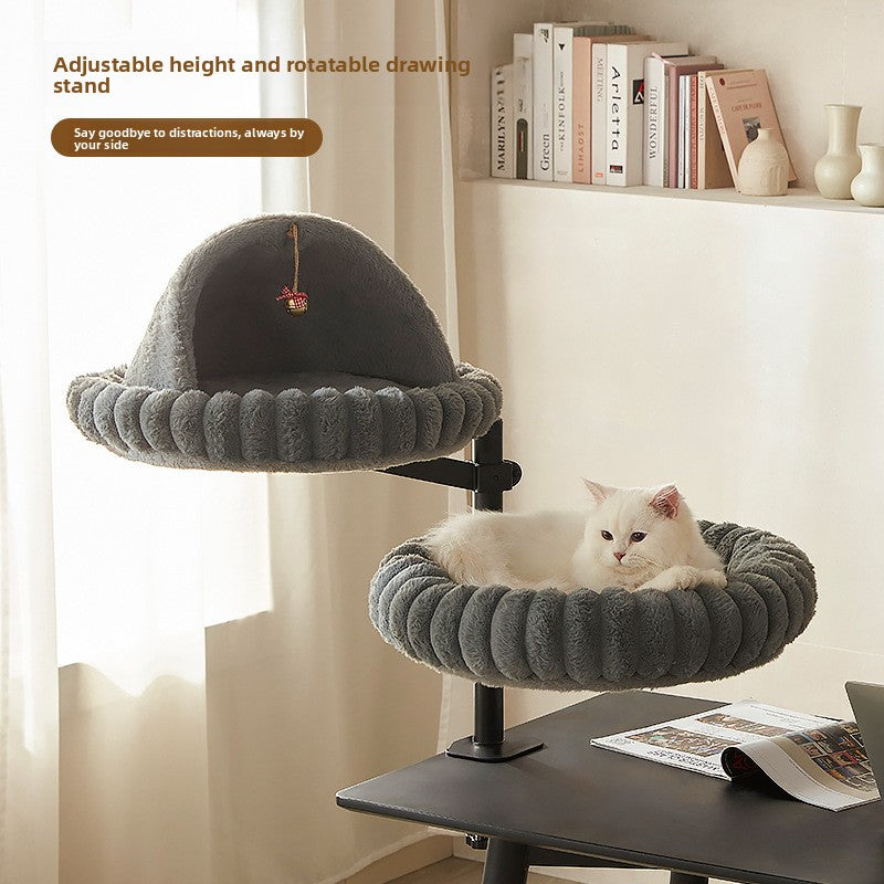 Rotating desktop cat climbing frame with two white beds