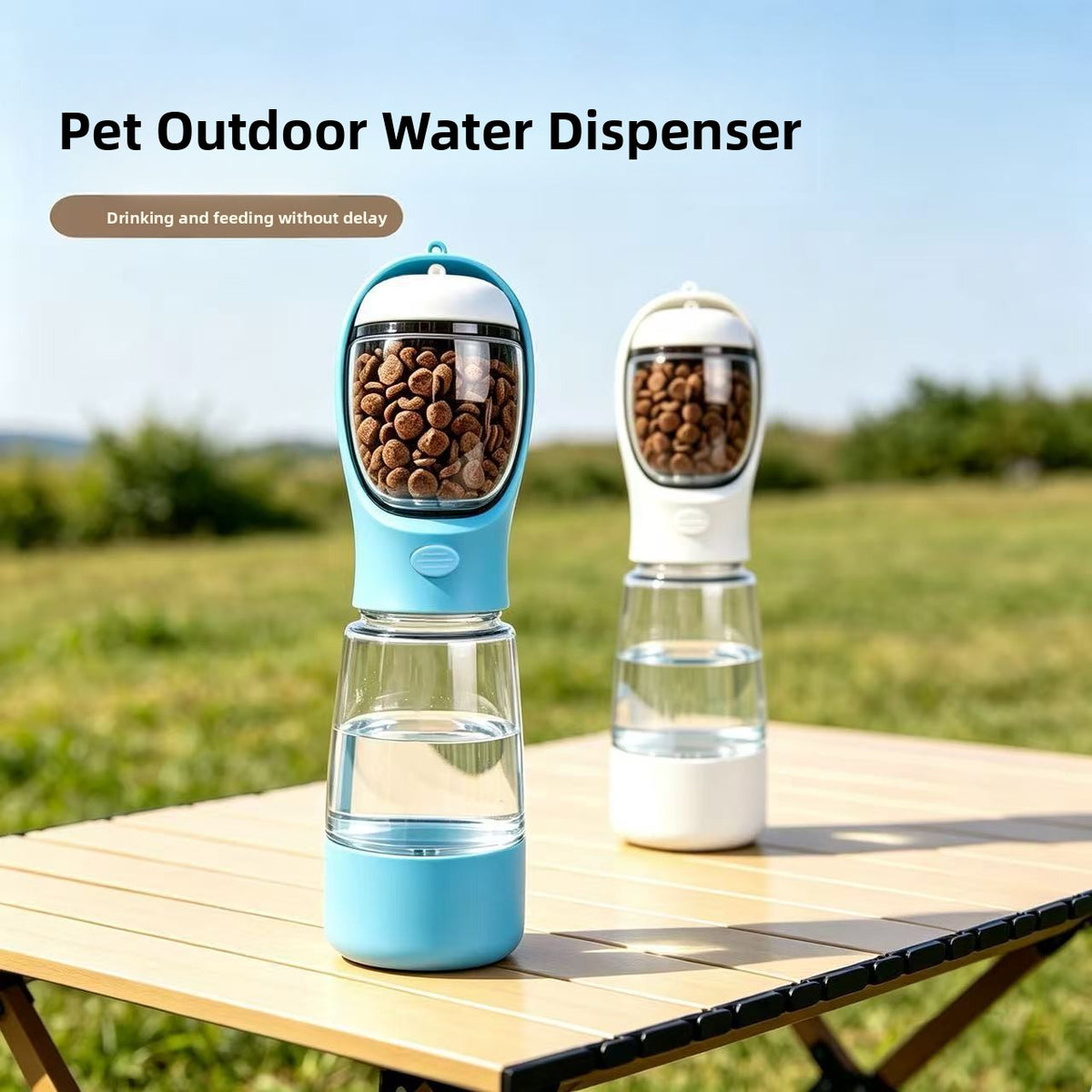 Three-in-One Pet Water Bottle with Food Container, Waste Bin and Carry Strap for Walks