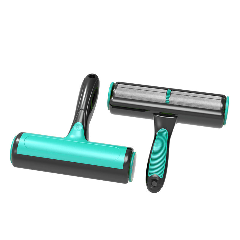 Pet hair remover cleaning dog hair from a car seat