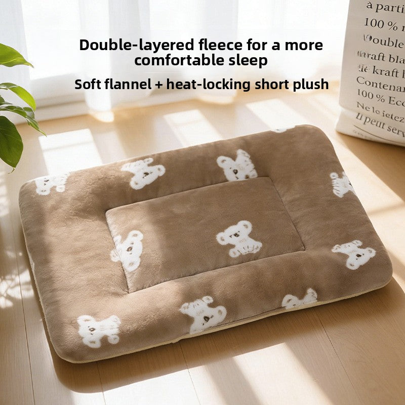 Thick plush pet sleeping mat with brown bear print, view 2