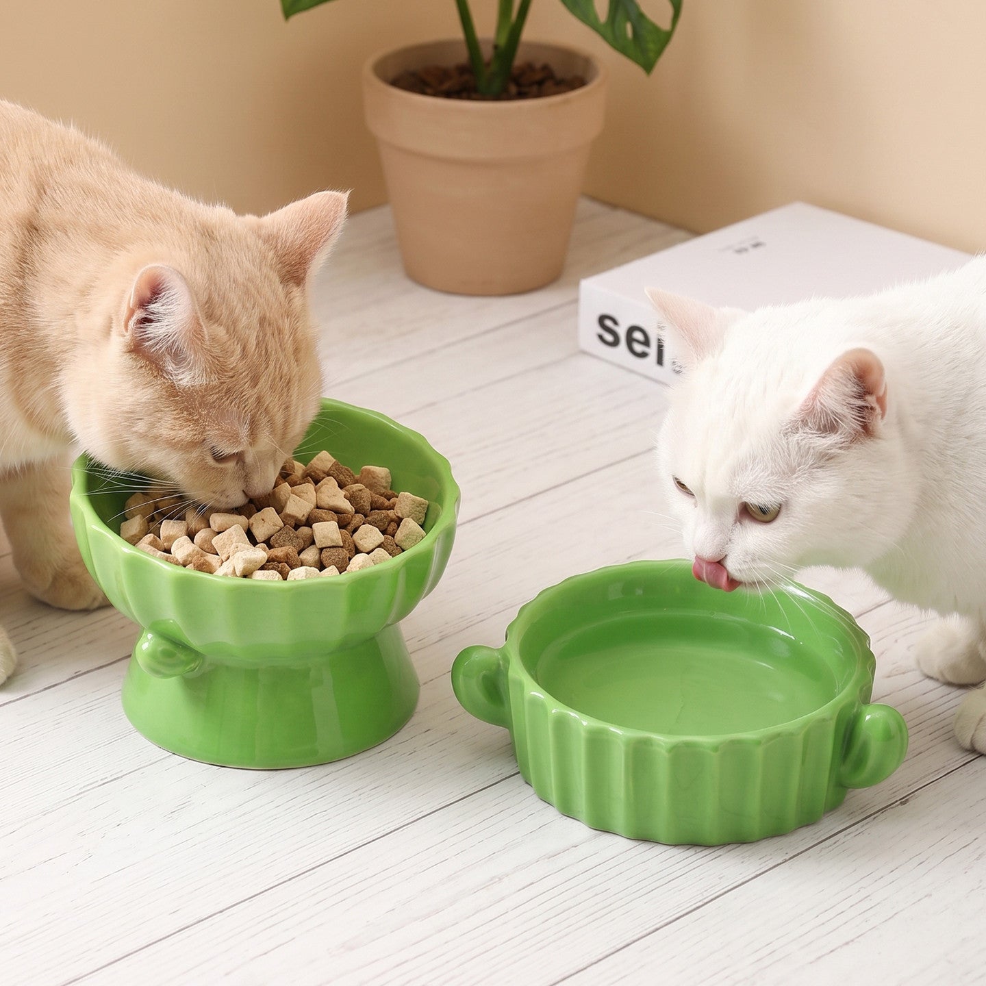 Ceramic Elevated Pet Bowl with Anti-Spill Slanted Opening and Double Ears in Cute Designs