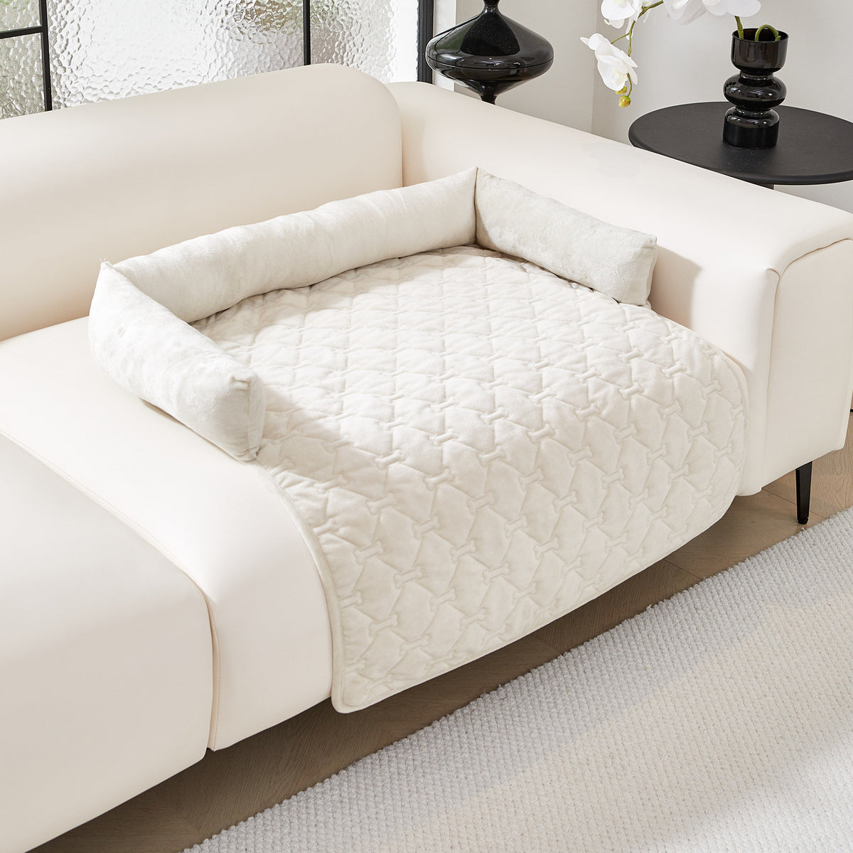 Large plush dog bed mat with pillow in Beige, size 75 x 120cm