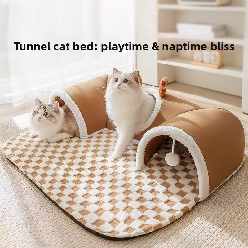 U shaped tunnel cat den with brown deer design, view 5