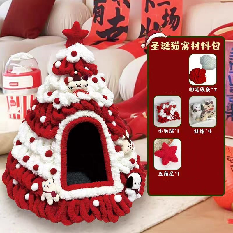 Christmas tree knitted cat nest with soft cushion inside, product gallery photo