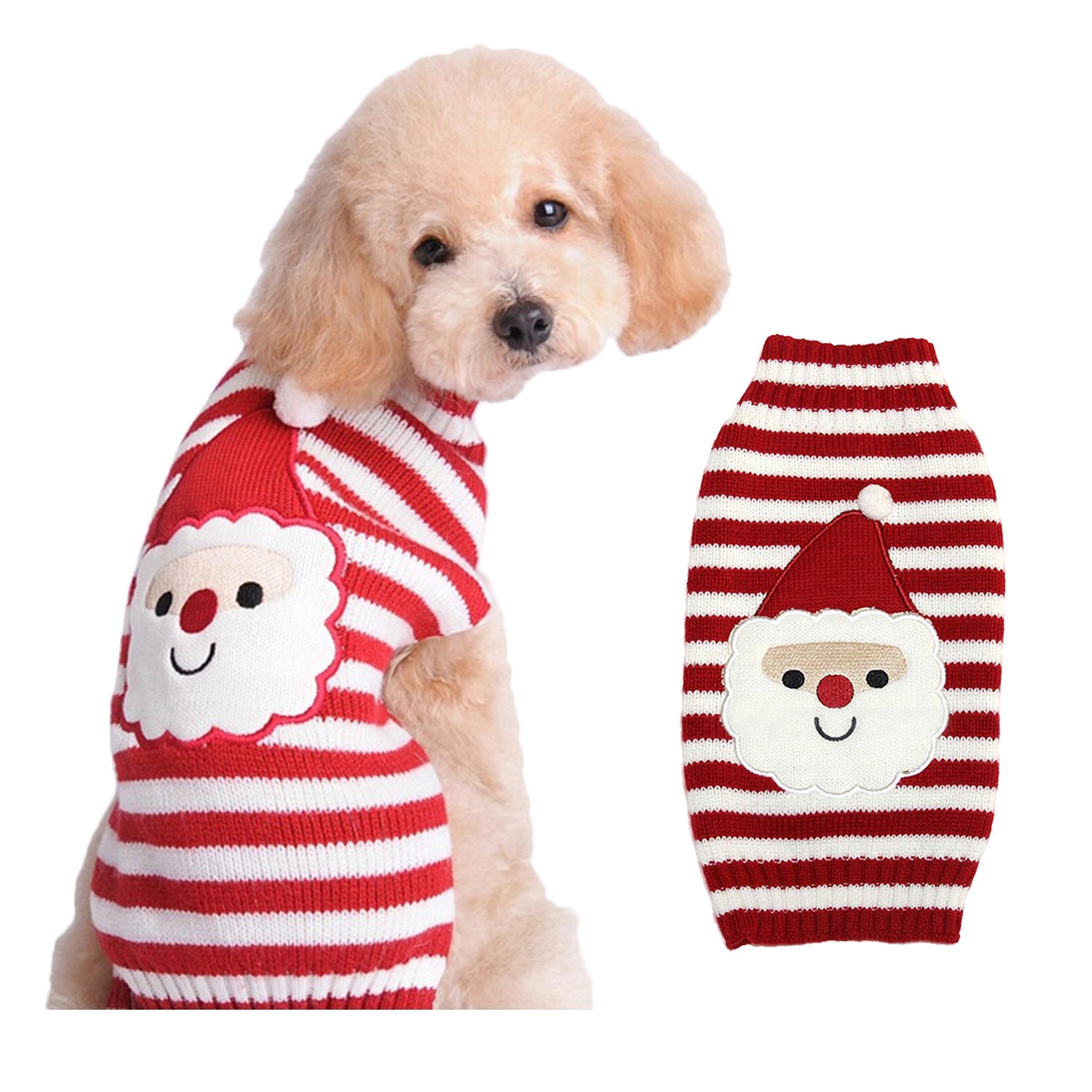 Christmas knitted dog jumper with festive pattern, showing size and shape