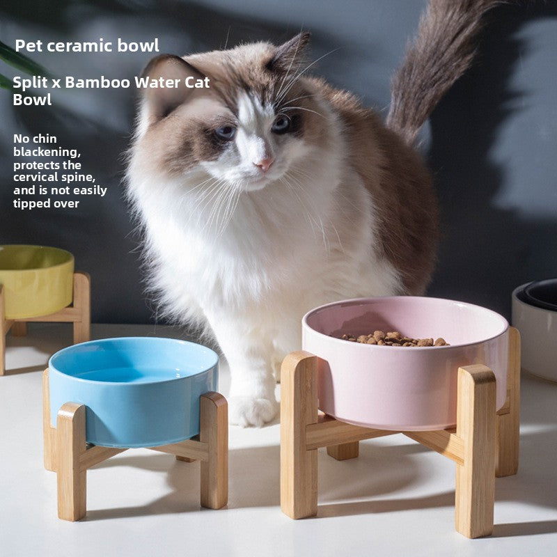 Elevated Ceramic Pet Feeding Bowl with Bamboo Stand, Anti-Spill Base in Five Colours