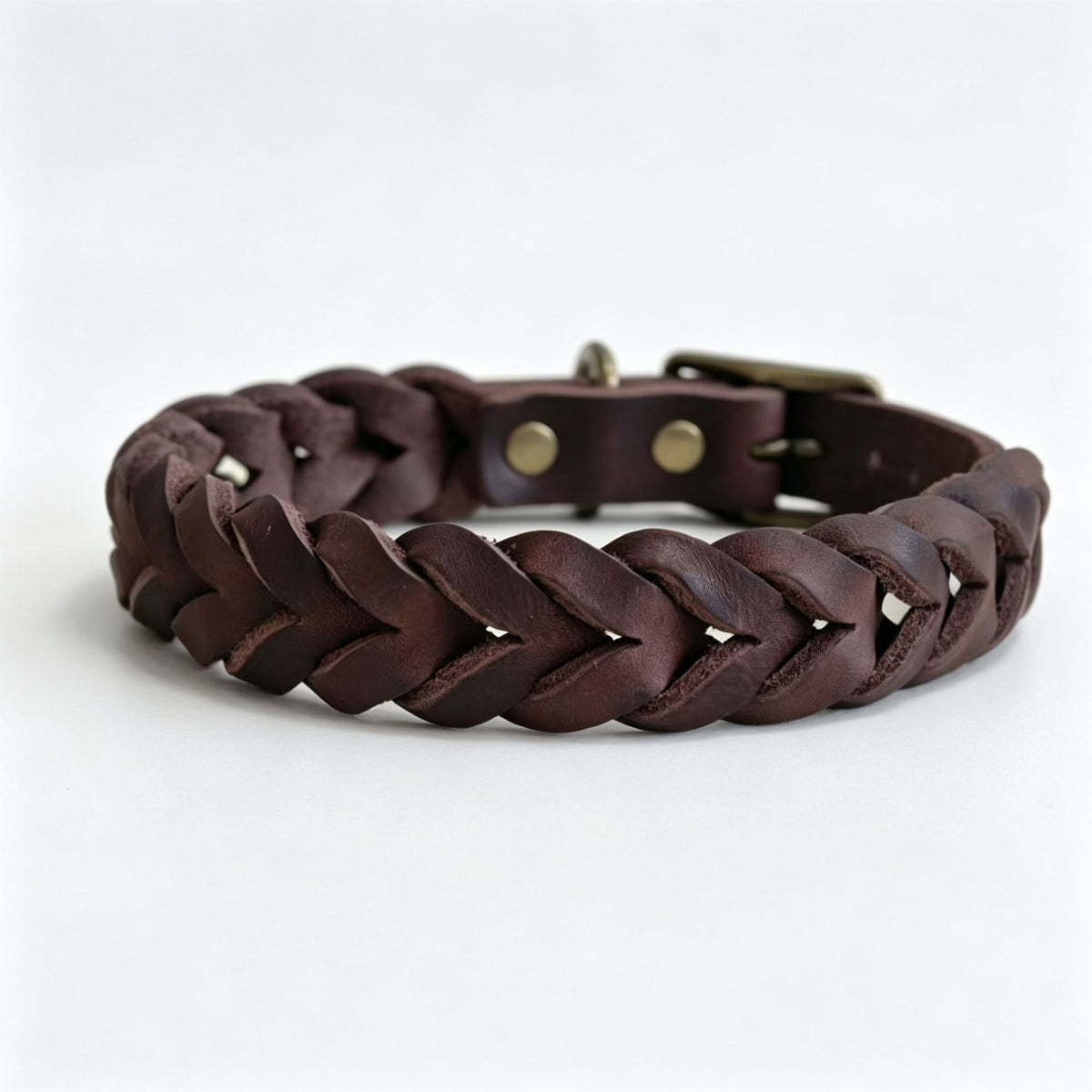 Vintage braided cowhide leather dog collar with bronze buckle, product image 7