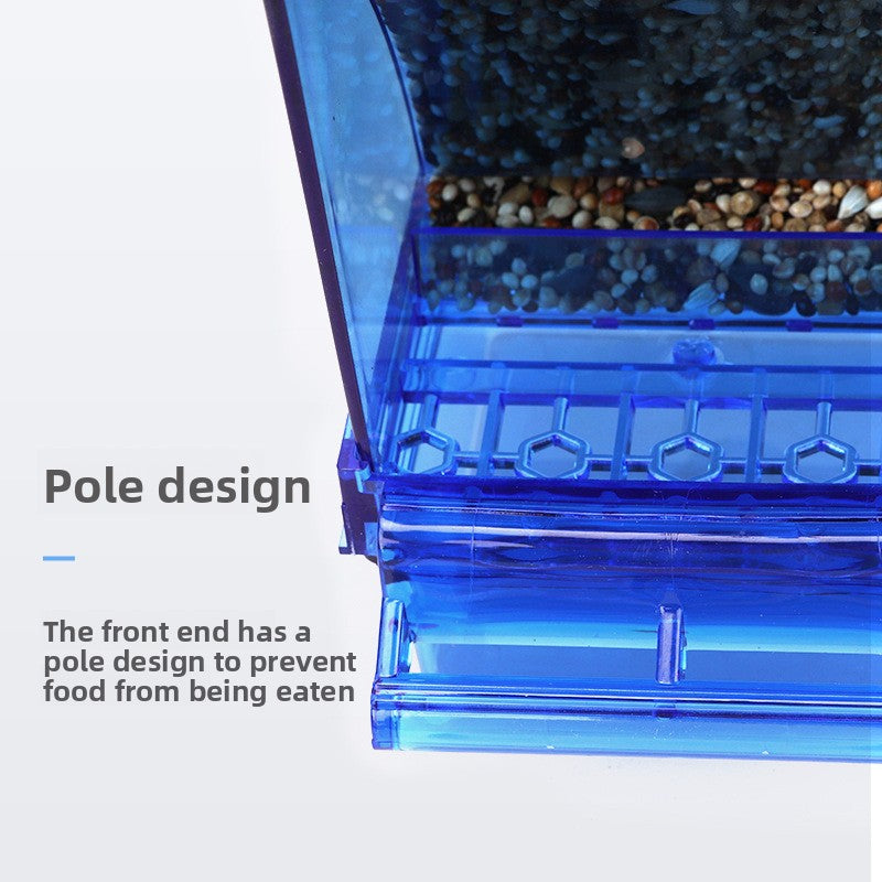 Anti splash cage mounted parrot feeder box in clear plastic, view 4