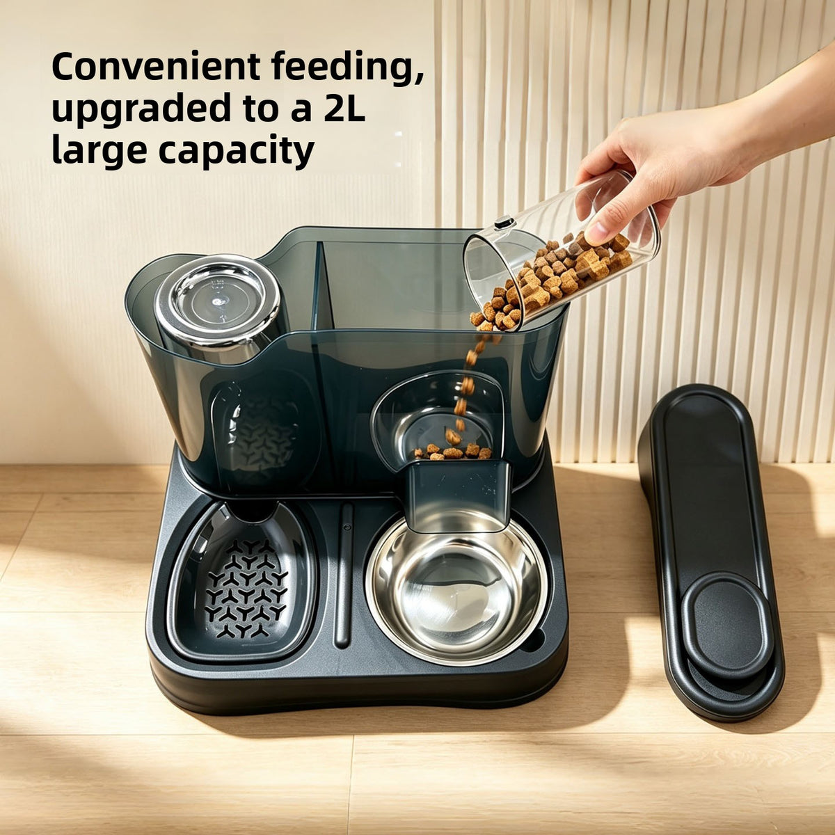 2-in-1 Gravity-Fed Pet Feeder and Water Dispenser Compatible with Standard Bowls