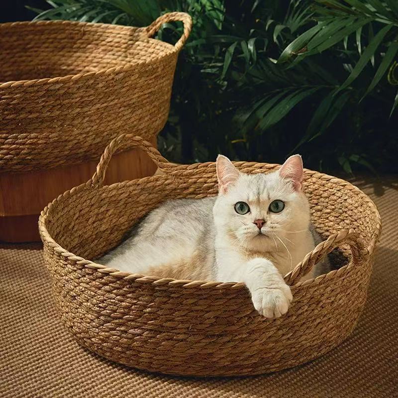 Hand woven rattan and cattail round cat nest, view 3