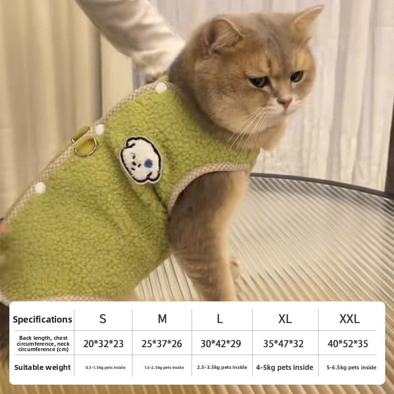 Fleece lined pet vest with back lead opening in Khaki Puppy, side view