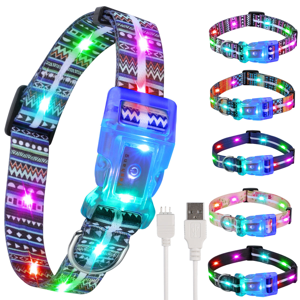 Striped light up dog collars in blue and black designs