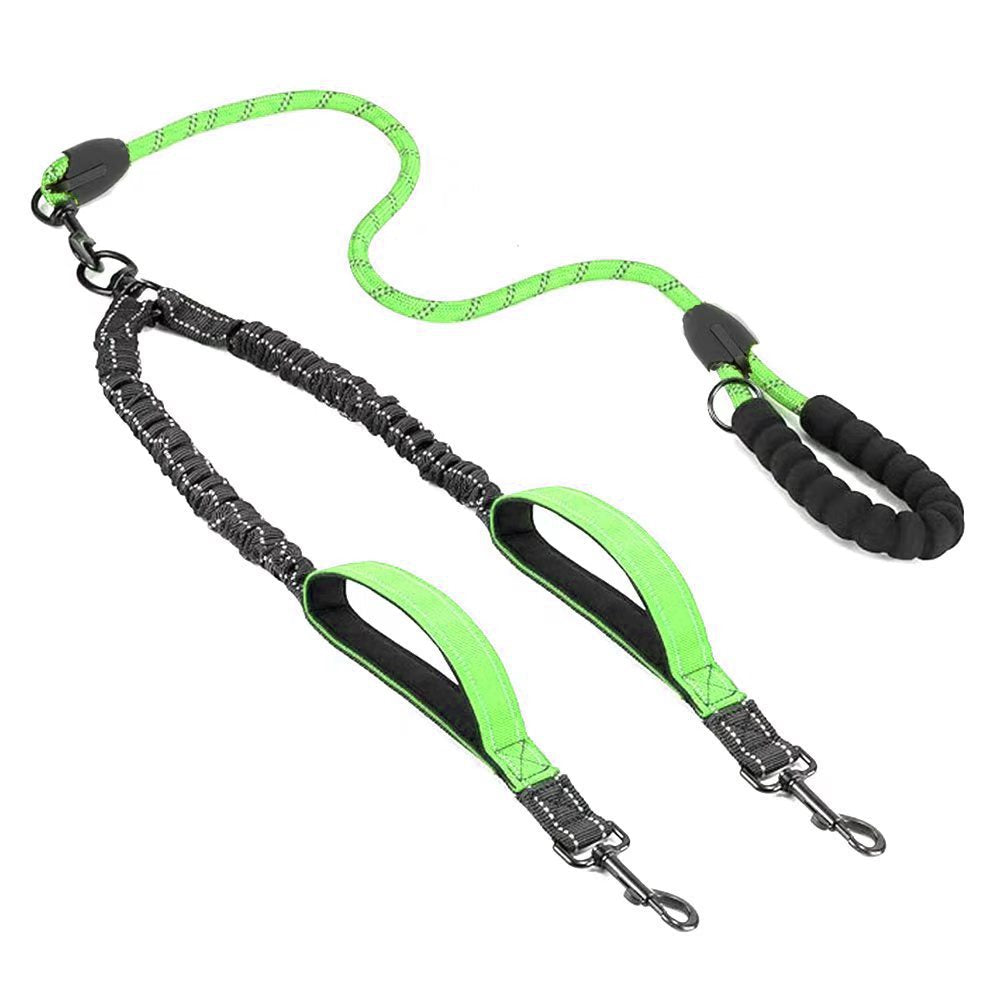 Tangle free two dog lead with poo bag holder in orange
