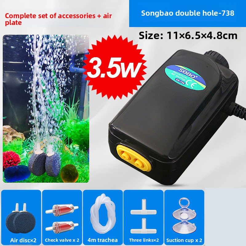 Quiet two outlet aquarium air pump with air stones and tubing, view 5