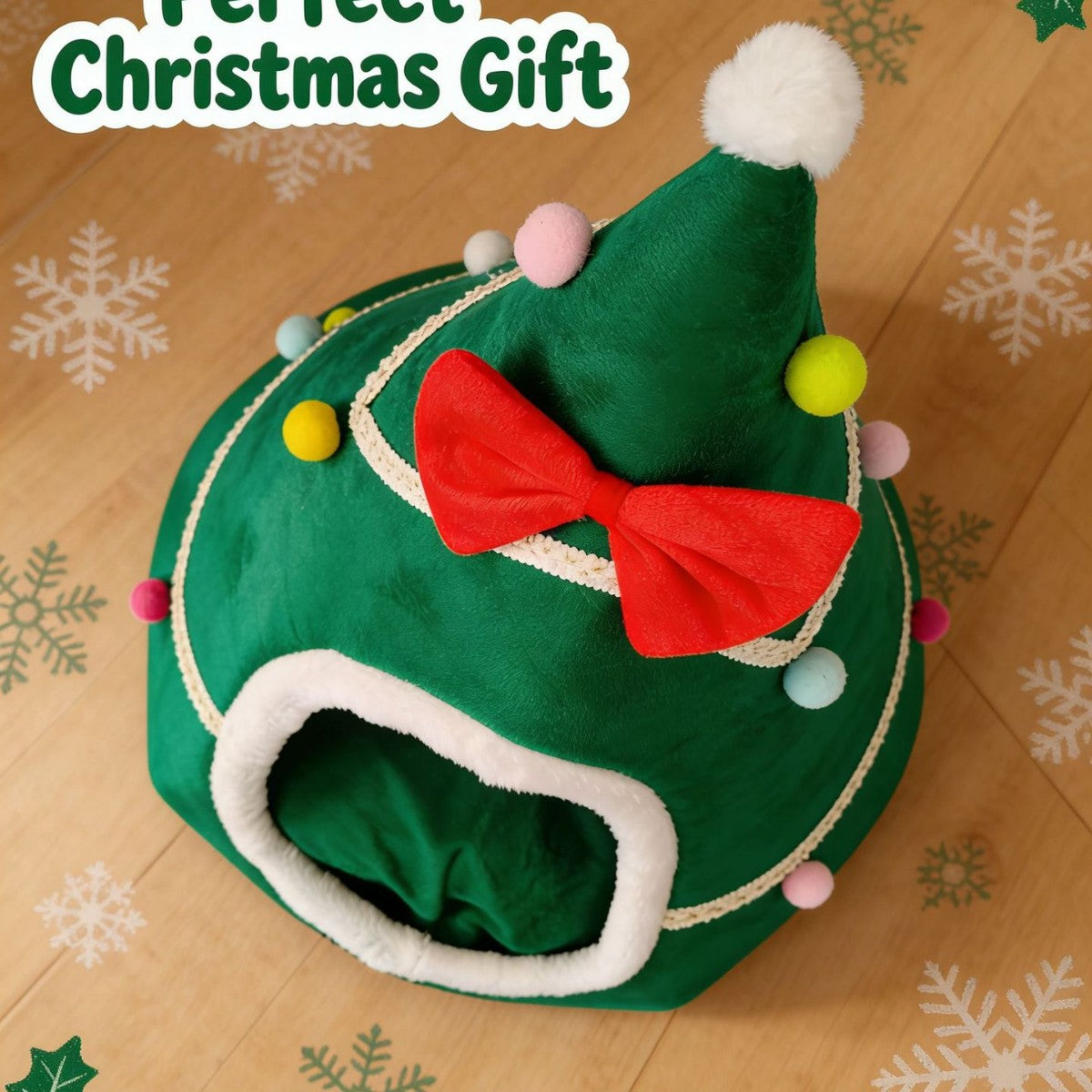 Red Christmas cat bed with bow and tree print, view 3